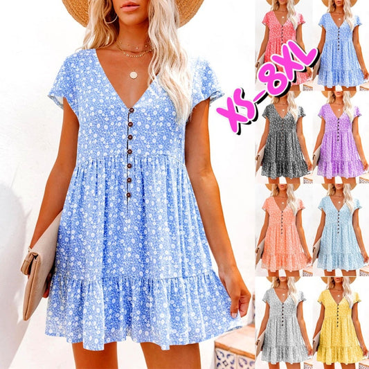 Summer Lady Doll Dress Fashion Casual Loose Sexy V-neck Short Sleeve Sleeve Sleeve Wave Point Mini Dress - WD8083