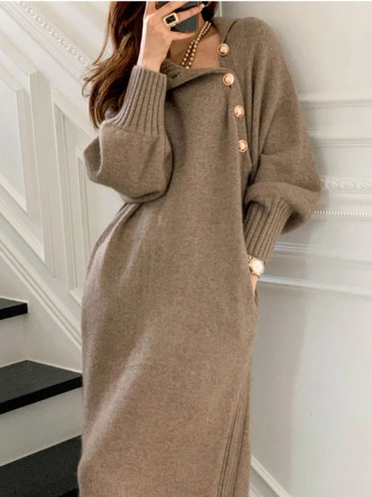 Women Turtleneck Buttons Long Sleeve Long Dress Winter Fashion Casual Loose Knitwear Dress - WD8138