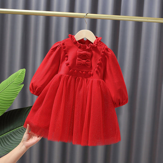 Toddler Baby Girls Christmas Dress New Year Red Dress Skirt New Winter First Year Princess Dress - BTGD8517