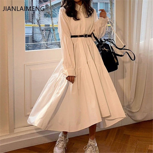 Women Dress Long Sleeve Spring Autumn Vintage Designer Collar Lapel Button Up Ruched Ruffles Cotton White Dresses - WD8052