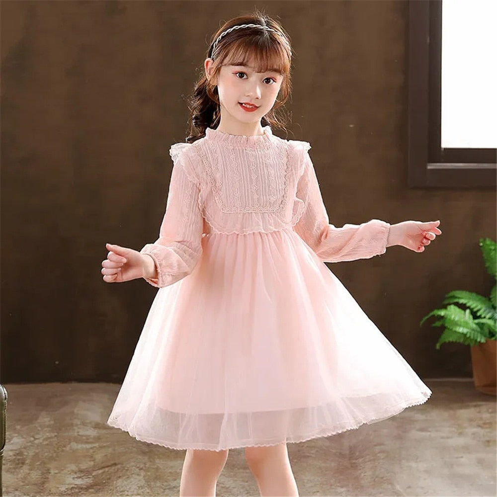 Kids Girls Spring & Autumn New Long Sleeves O-Neck Lace Splicing Princess Dress - KGD8354