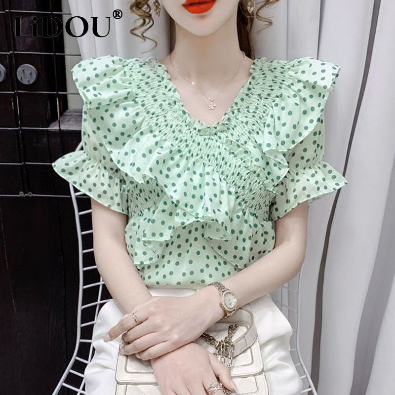 Women Summer New Fashion Polka Dot Printing V-neck Puff Sleeve Casual Blouse - WSB8559
