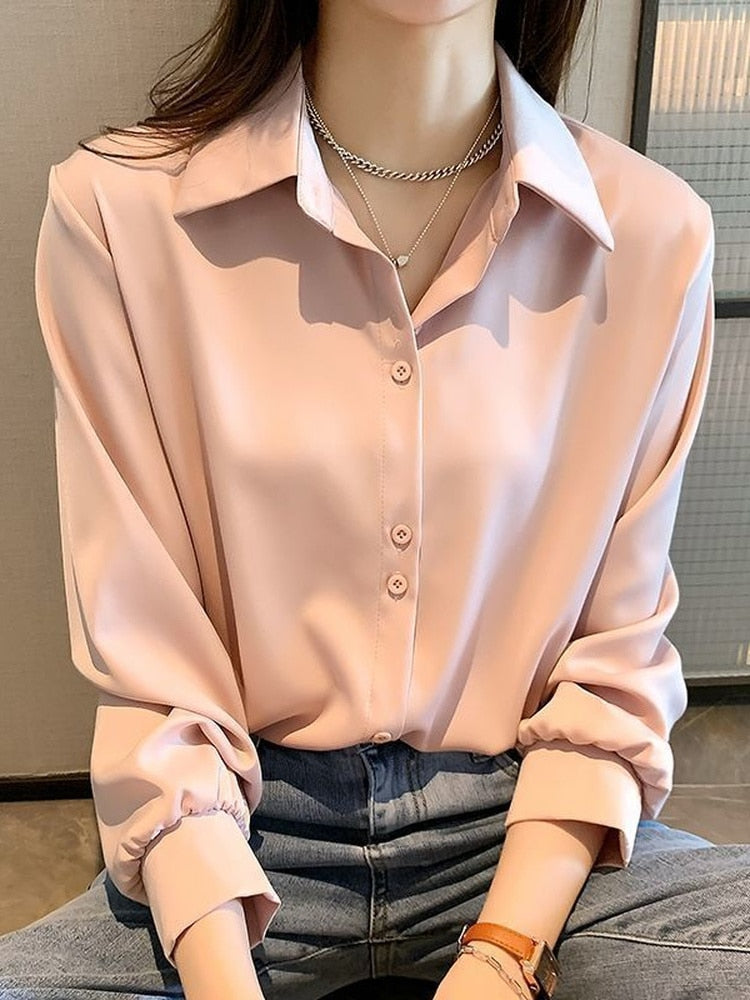 Women Solid Satin Shirt Chiffon Blouse Summer Thin Satin Silk Button Up Blouse