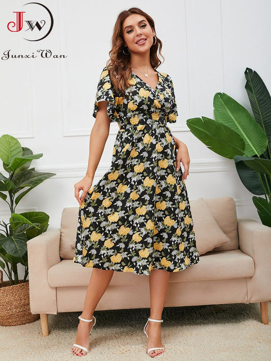 Women Summer V Neck Short Sleeve Floral Printed Casual Dress - WD8013