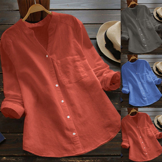 Women's Blouses Pockets Cotton Linen Casual Women's Shirts Summer Top - WSB8553