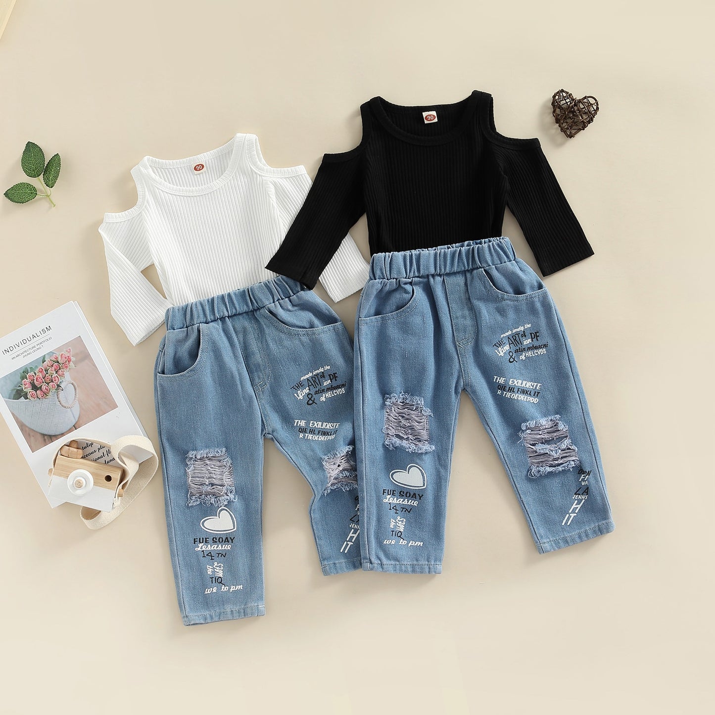 Baby&Toddler Girls' Solid Color Off Shoulder Ribbed Shirt Top+Printed Denim Trousers 2Pcs Clothes Suit - BTGO8386