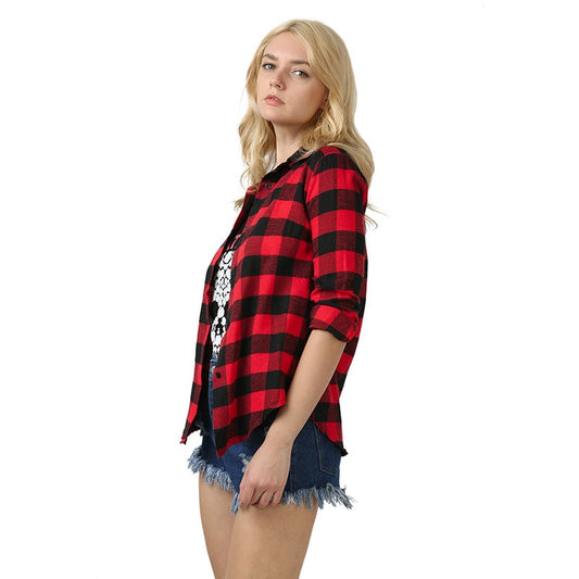 Women new casual long-sleeved red plaid lapel mid-length fashionable Blouse - WSB8539
