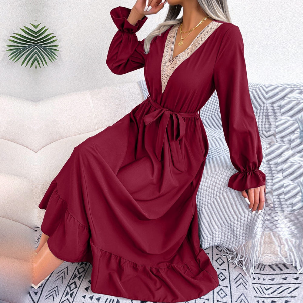 Women Spring Summer V Neck Lace Up High Waist Ruffle Edge Long Solid Color A Line Dress - WD8022