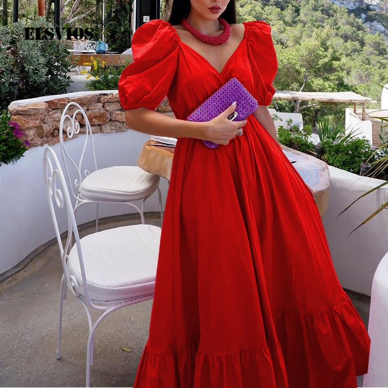 Women's Summer Fashion Long Dress Solid Color Casual Short Sleeves Dress - WD8216