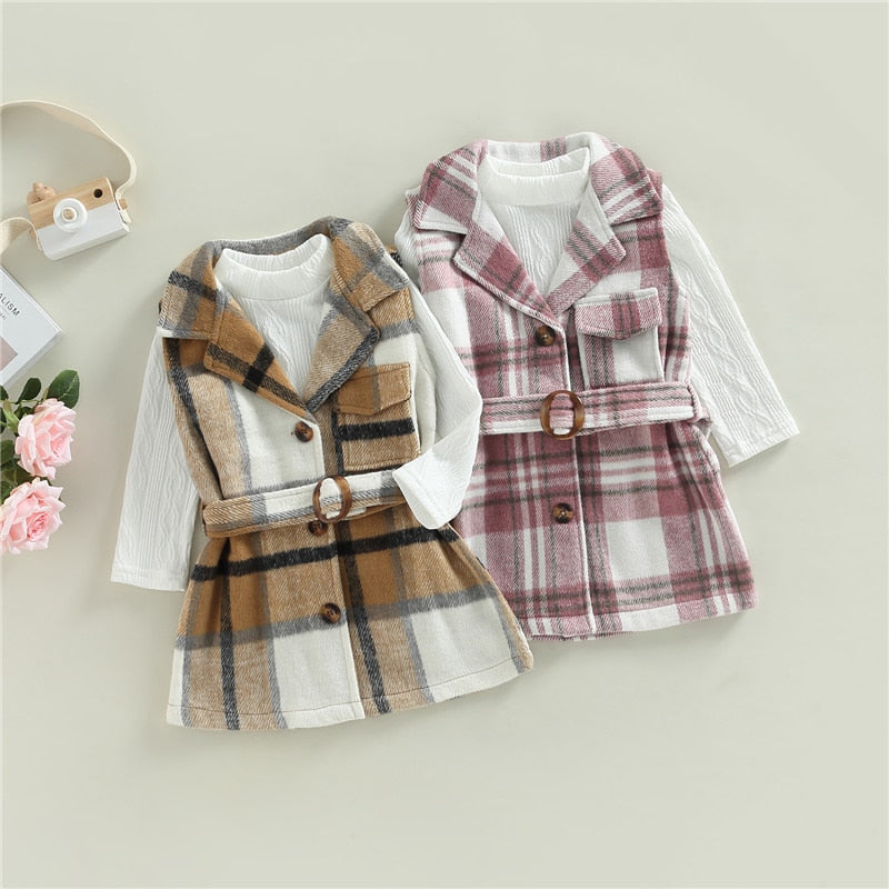 Kids Girls Autumn Clothing Set Long Sleeve Crew Neck Knit Tops + Plaid Sleeveless Belted Coat Outfit - BTGO8380