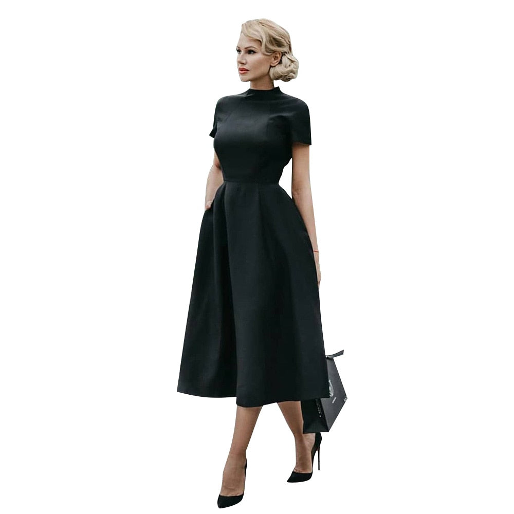 Women Black Dress Half High Collar High Waist A-Line Slim Fit Midi Dress - WD8108