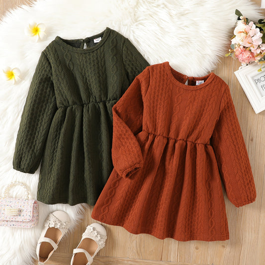 Kid Girl Solid Color Round Neck Long-sleeve Autumn Summer Dress - KGD8281