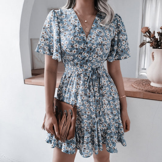 Women Spring And Summer Casual Short Sleeved V-neck Floral Pleated Dress - WD8087