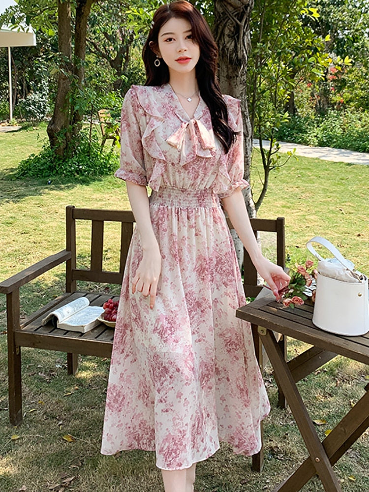 Women Pink Floral Chiffon Chic Ruffled Midi Dress Summer Fashion Short Sleeve Bow Collar Dress - WD8039