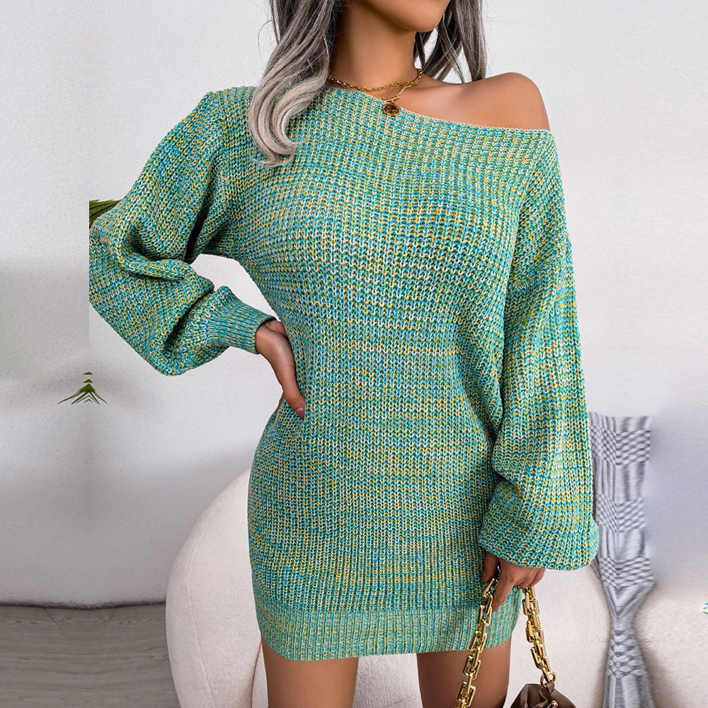 Women Autumn Winter Casual One Line Neck Off The Shoulder Colorful Lantern Sleeve Knitted Sweater Dress - WD8126