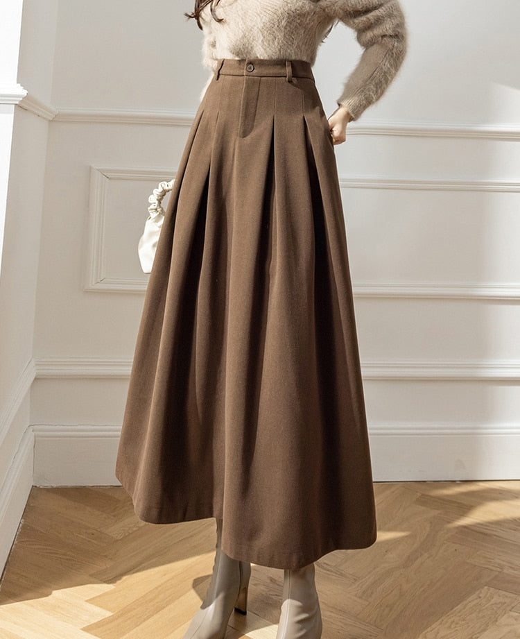 Women Skirts For Female Pockets Casual Loose A-Line High Waist Midi Skirt Autumn - WSK0308
