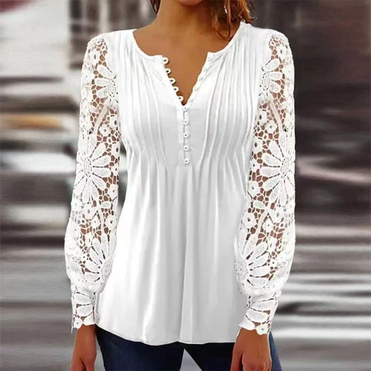 Women Lace Long Sleeve Pleated V Neck Hollow Out Button Blouse - WSB8556