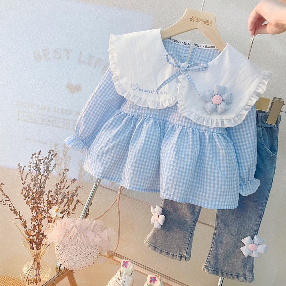 Baby Girl Flower Clothing Set Winter Infant Cute Girls Indoor Jeans Suit Long Sleeve Outfit