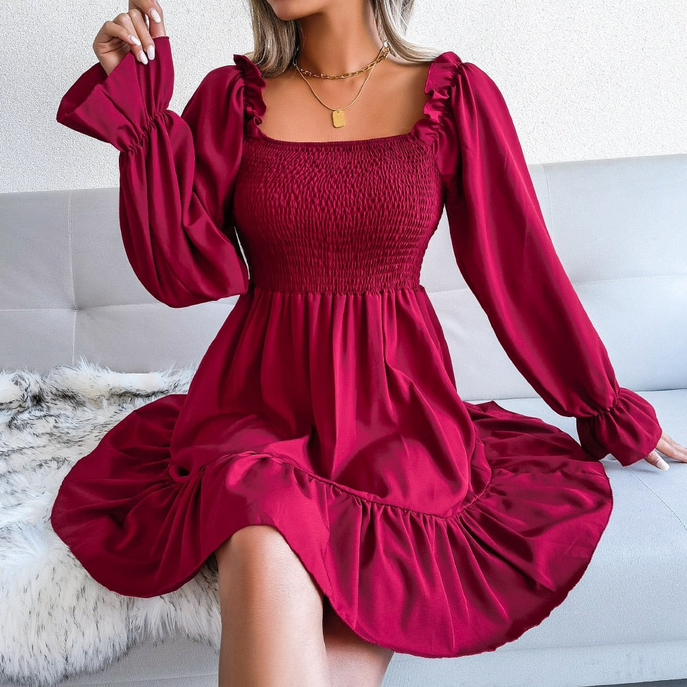 Women Spring And Autumn Fashion Long-Sleeved Square-Neck Skirt Solid Color Ruffle Dress - WD8082