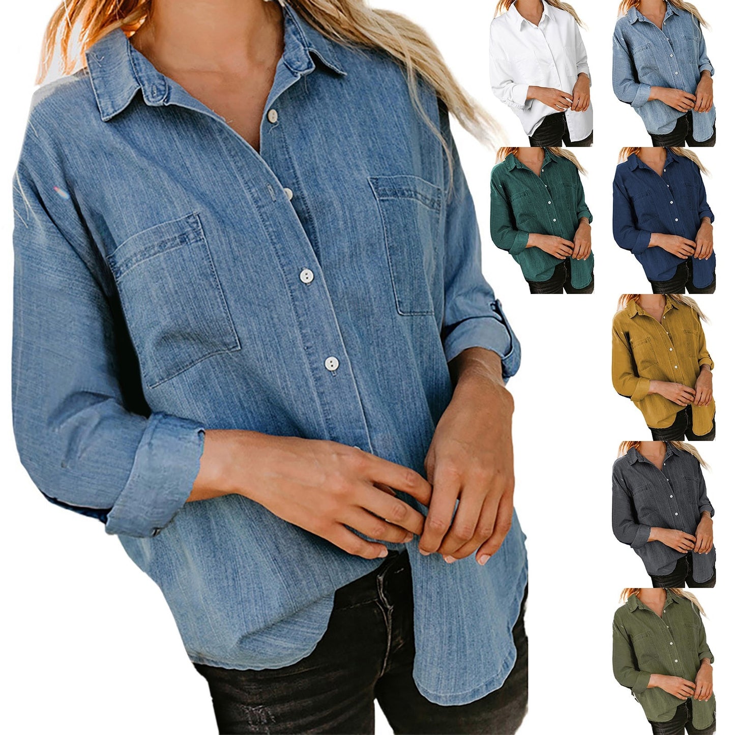 Women'S Denim Shirt Loose Double Pocket Long Sleeved Versatile Casual Blouses