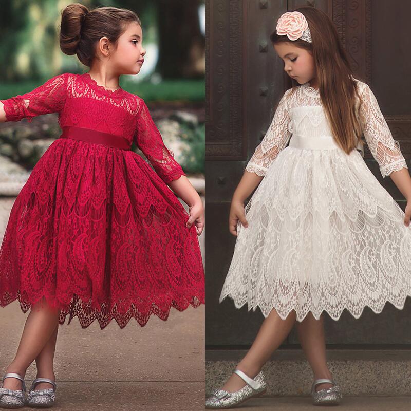 Kids Girls Fashion Spring Autumn  Girl Flower Lace Full Sleeve Party Dress - KGD8343