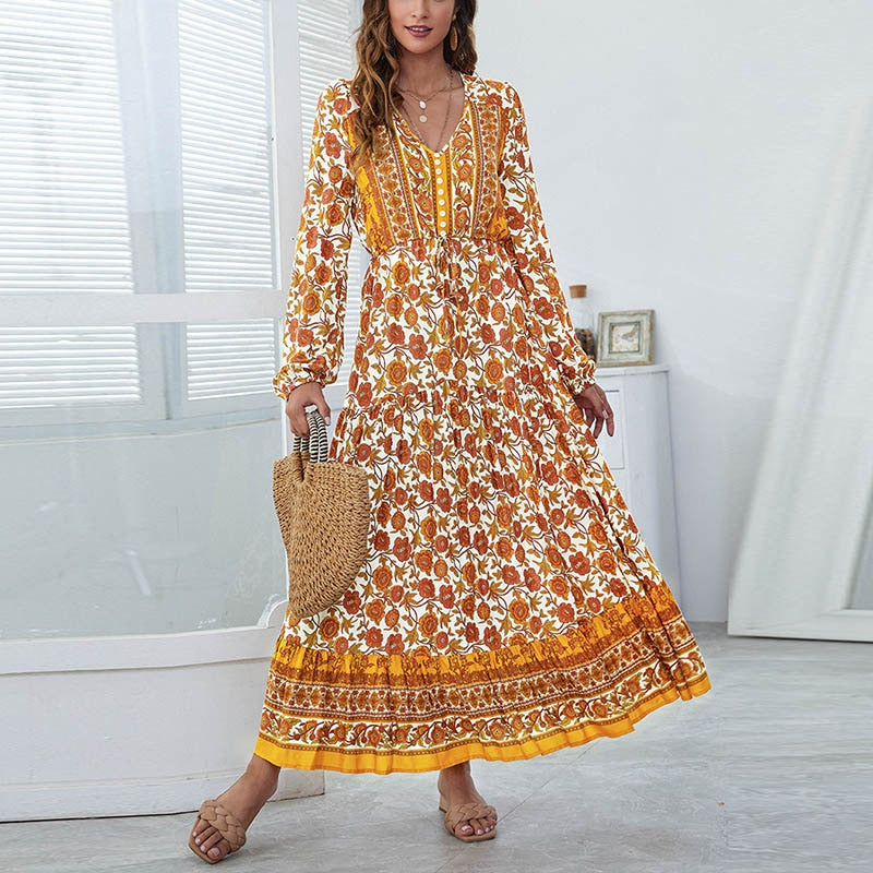 Women Floral Print Long Dress Autumn Fashion V-neck Long Sleeve Large H Dress - WD8036