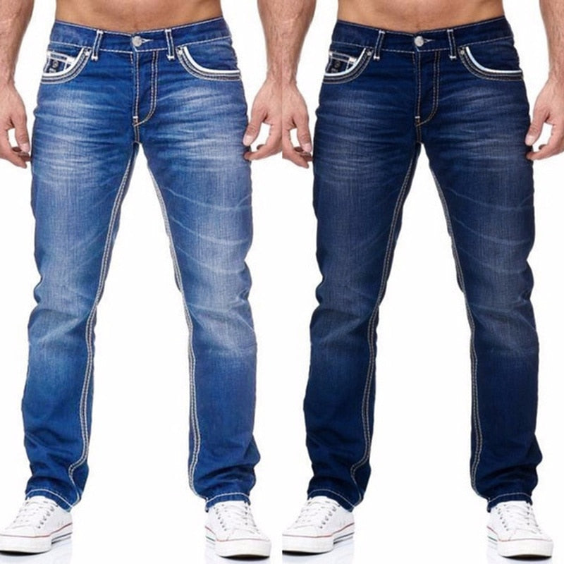 Men Jeans Solid Pockets Stretch Denim Straight Pants - MJN0054