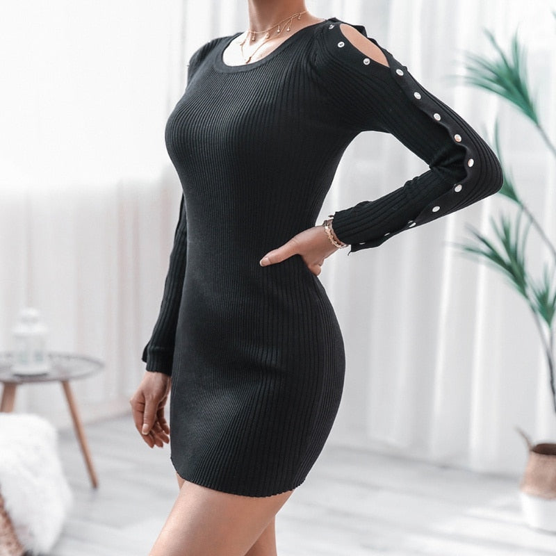 Women's Autumn Winter Button Solid Color Long Sleeve O Neck Knit Sweater Dress - WD8127