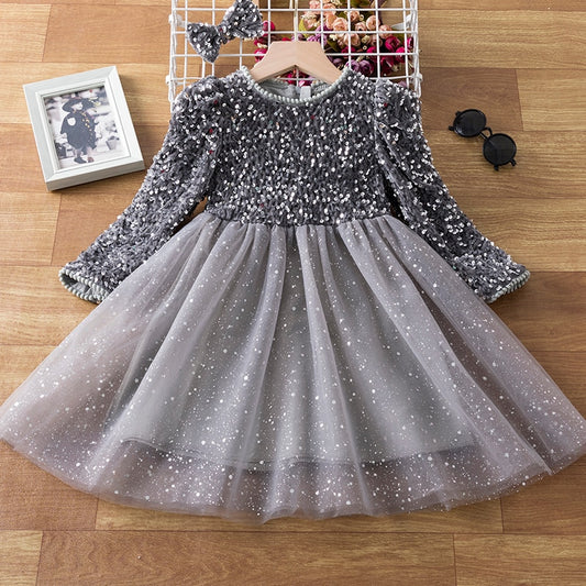 Kids Girls Princess Party Evening Prom Gown Spring Fall Long Sleeve Dress - KGD8335