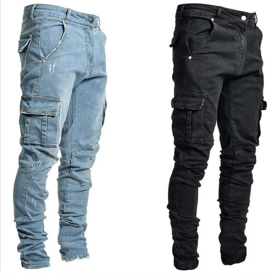Men's Jeans Wash Solid Pockets Denim Pants Mid Waist Cargo Casual Jeans - MJN0061