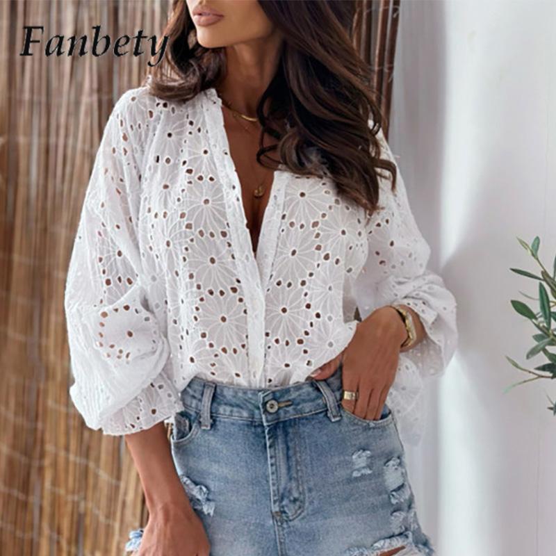 Women Elegant Embroidery Lace Blouse Shirts Summer Fashion V-Neck Pullover Tops - WSB8555