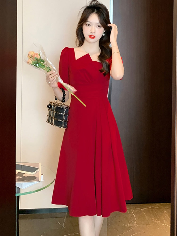 Women Short Sleeve Asymmetrical Collar Wedding Dress Women Red Luxury Chic Prom Midi Dress - WD8106
