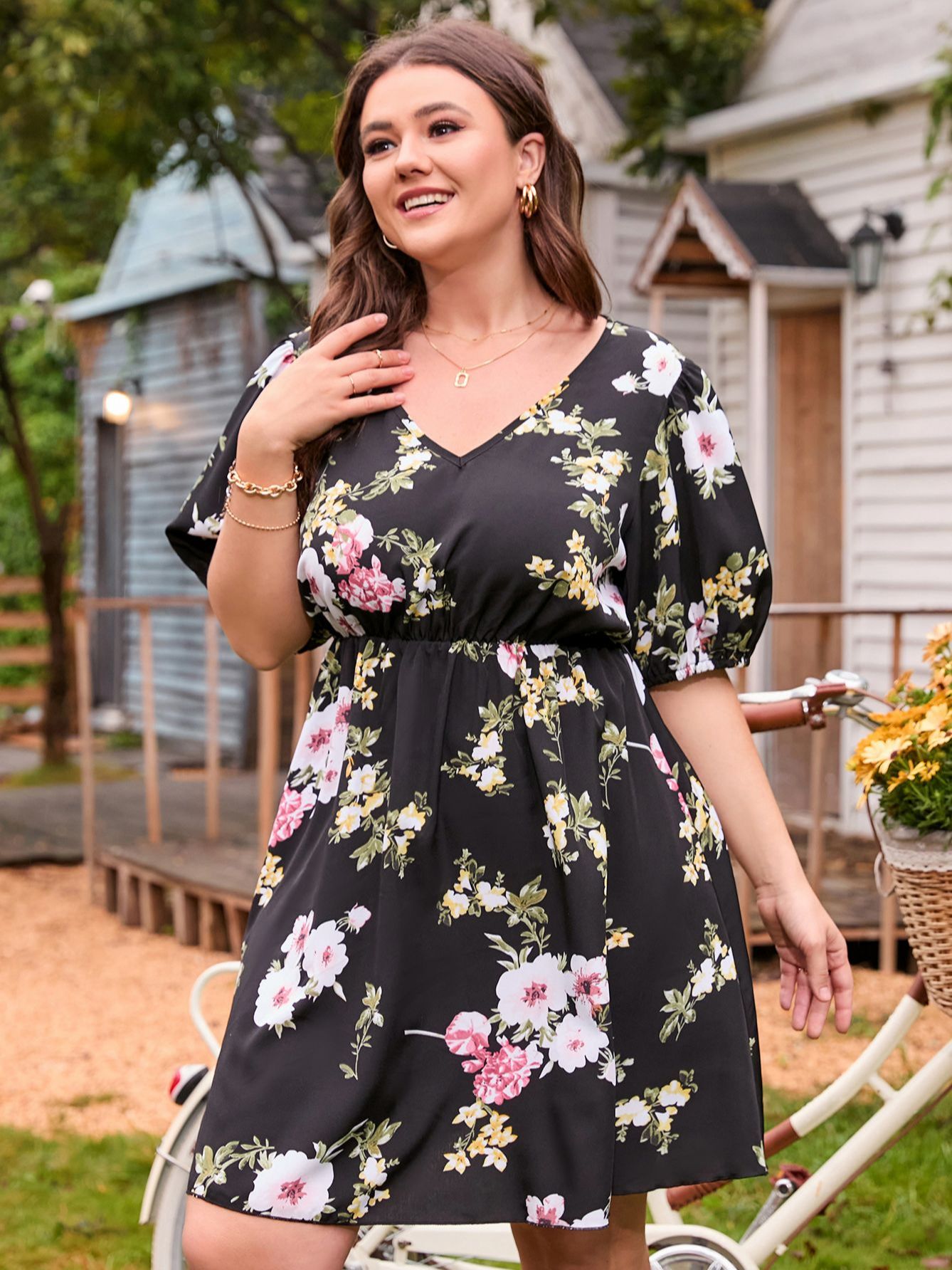 Women Plus Size Summer Black Floral Print Midi Loose V Neck Causal Dress - WD8157