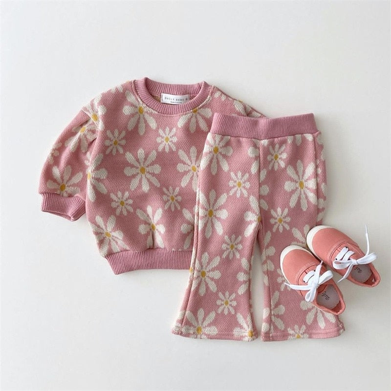 Toddler  Girl Autumn Knitted Sweater Tops + Flared Pants 2 Pieces Knit Suit Children Outfits Set - BTGO8395