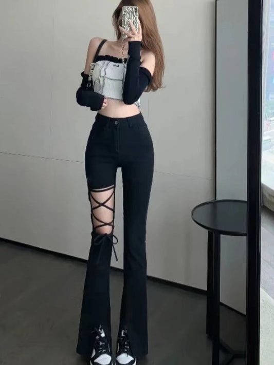 Women's Black Ripped High-waisted Wide-leg Suit Summer Strap Micro Flared Pants - WJN0012