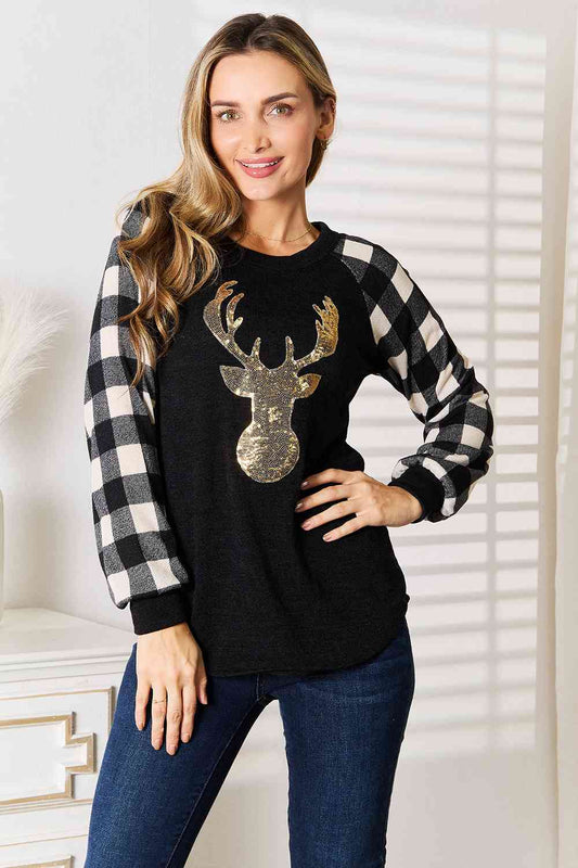 Women's Heimish Full Size Sequin Reindeer Graphic Plaid Top