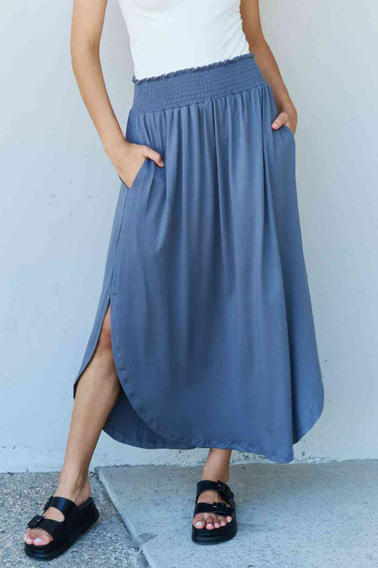 Women's Doublju Comfort Princess Full Size High Waist Scoop Hem Maxi Skirt in Dusty Blue